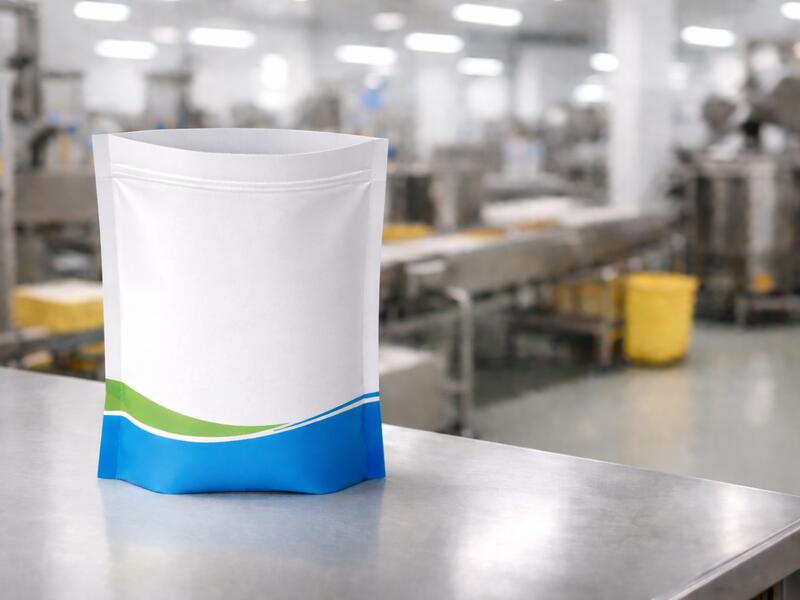 Empty flexible packaging pouch product on stainless steel bench in manufacturing facility