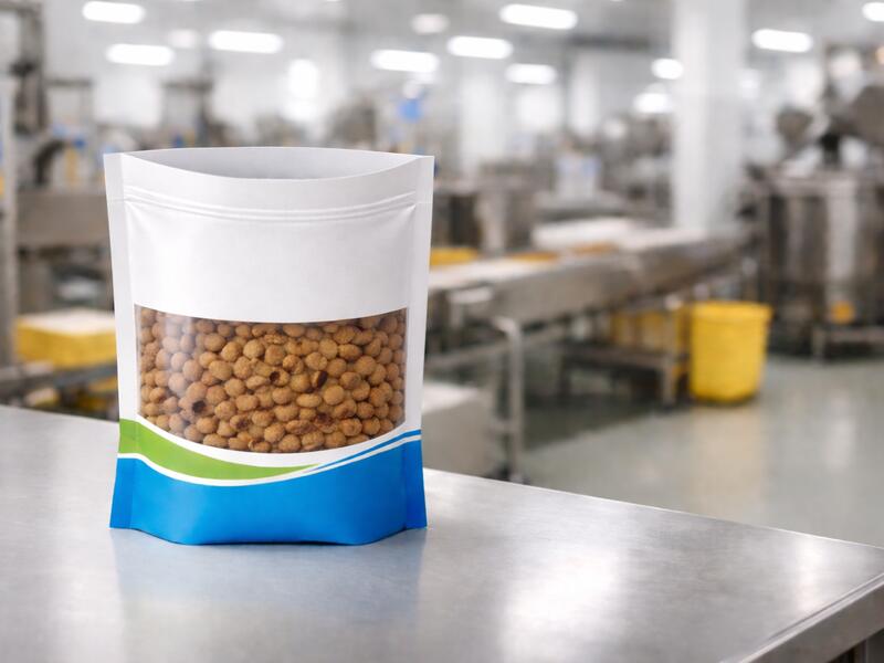 Filled flexible packaging pouch product on stainless steel bench in manufacturing facility