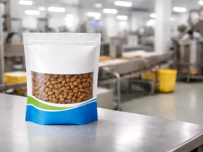 Sealed flexible packaging pouch product on stainless steel bench in manufacturing facility