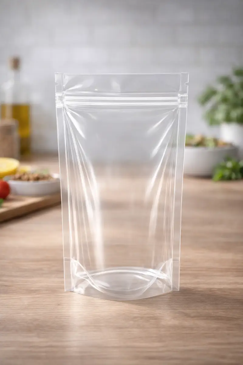 Clear mono-material flexible packaging pouch designed for recyclable soft plastic applications